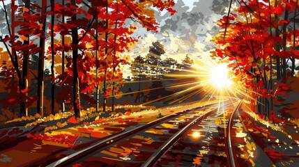 Canvas Print - Autumn, train tracks in the woods, beautiful autumn leaves