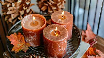 Canvas Print - 3 candles, autumn leaves, and old books