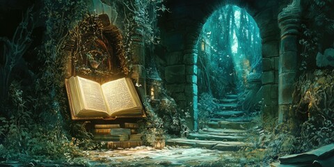 Wall Mural - Open book, stone archway, glowing forest.