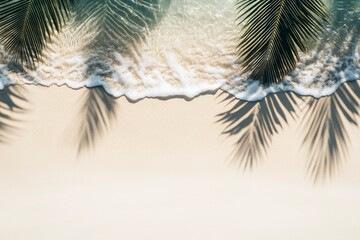 empty abstract sand beach with palm leaf shadow and transparent water wave from above, blank background banner for travel, vacation and wellbeing with copy space ,  ai