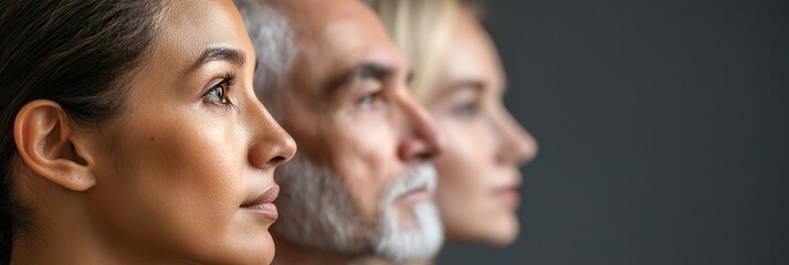 Fototapete - Three individuals in profile, representing diversity, focus on their thoughts during a collaborative brainstorming session in a contemporary workspace. Generative AI