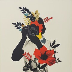 Poster - Cut paper collage with a person art painting flower.