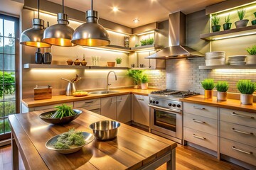 Warmly lit modern kitchen background with stainless steel appliances, wooden countertops, and utensils, evoking a sense of cozy culinary creativity and inviting food preparation.