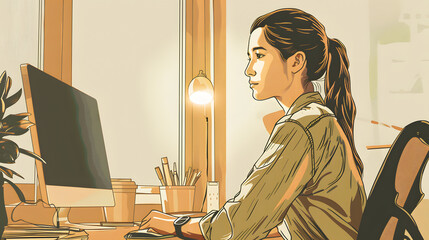 panorama of an indoor office with  young woman in tech full time job, cartoon illustration of a computer in an office, woman empowerment, women in tech, technology worker lady 2d painting
