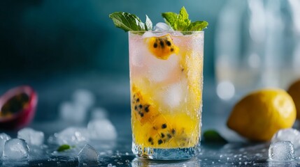 A refreshing summer drink or alcoholic cocktail with passion fruit, ice and lemon on a sunny day. A fresh healthy cold lemonade drink. Sparkling water with lemon.