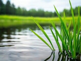 lush green grass blades growing out of calm water with a blurred forest background in the distance.