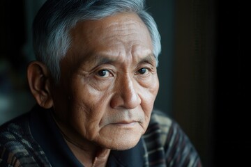 Aufkleber - An elderly man with gray hair sits quietly, his expression reflecting deep thought as warm afternoon light softly illuminates his face. Generative AI