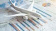 © VK Studio - A white airplane model rests on top of financial charts and graphs, portraying business and travel themes.