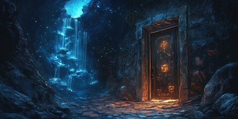 Wall Mural - Mystical cave with glowing waterfall and door.