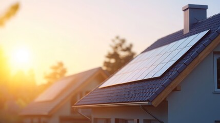 Newly built homes featuring solar panels that harness renewable energy under a sunny sky