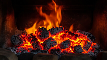 Close-Up of Glowing Red Hot Coals in Fireplace