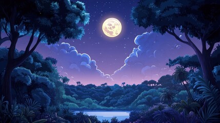 Wall Mural - Mystical Nighttime Forest Landscape with Full Moon and Stars - Digital Painting.