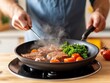 © AucArtStudio - close-up of a chef stirring a pan of sizzling steak, vegetables, and steam in a modern kitchen.