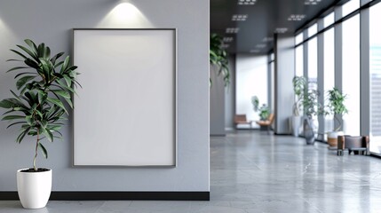 Blank poster mockup on the wall in modern office lobby. 3d rendering.