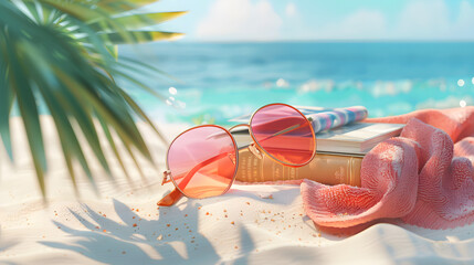 Wall Mural - Still life illustration of summer accessories at the beach. Sunglasses, book, towel, in the sand. Summer concept