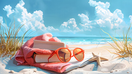 Still life illustration of summer accessories at the beach. Sunglasses, book, towel, in the sand. Summer concept