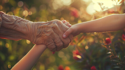 An old person's hand holding 2 kid‘s hand