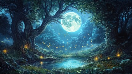 Wall Mural - Enchanted Forest at Night with Full Moon and Fireflies - Mystical Nature Scene.