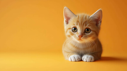 A cute orange tabby kitten with big eyes looks at the camera.