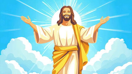 Wall Mural - Jesus Christ smiling in a bright sky with rays of light and a halo, flat cartoon style new stock image illustration AI