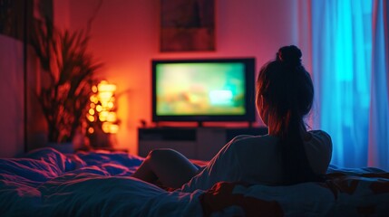 Young Woman Watching TV on Bed at Night