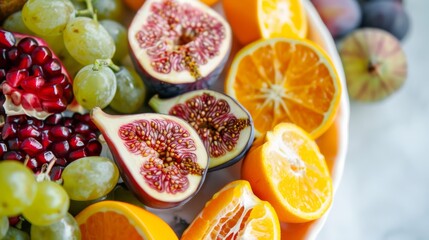 Wall Mural - A close-up of a bowl filled with a vibrant array of fresh fruits, including figs, oranges, grapes, and pomegranates, capturing their rich color and juicy texture.