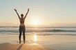 © Olsek - A person standing on the beach at sunset, arms raised in joy. This captures freedom and happiness. Ideal for wellness and relaxation themes. Generative AI
