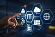 © Goashape-Studio - IT Solutions at Your Fingertips: A hand interacts with a holographic interface showcasing IT services, emphasizing innovation in technology and support.