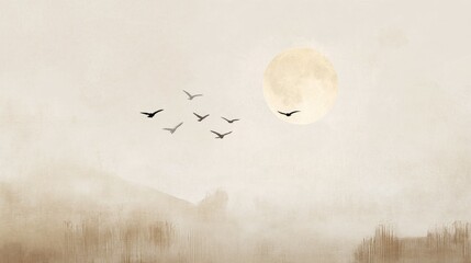 A group of birds is flying in the sky towards the moon. A minimalist digital art painting with soft pastel tones.