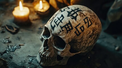 Wall Mural - Skull with Japanese Characters and Candles