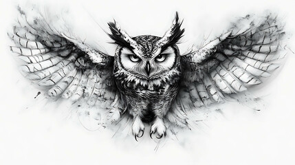 A dramatic black and white drawing of an owl with its wings spread wide.