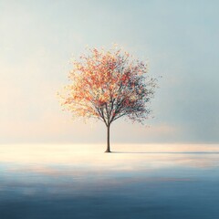 A solitary glowing tree in a vast, empty white field, the treeâ€™s leaves radiating soft, colorful light, surreal, minimal, dreamlike, digital painting.