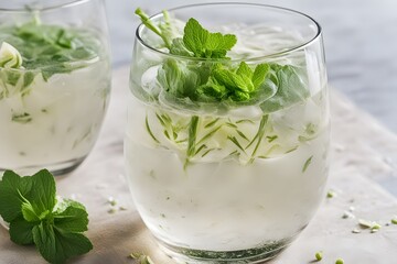 Wall Mural - A glass of fennel and mint infused water with fennel seeds and mint leaves floating on top, AI Generated