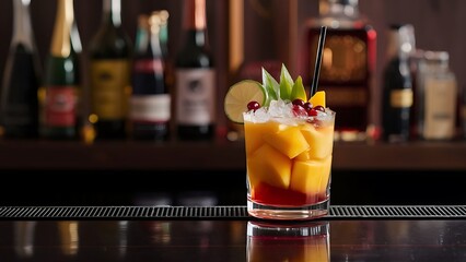 Alcoholic cocktail with mango, cranberries, lime, crushed ice and liquor, dark wooden bar counter background, selective focus