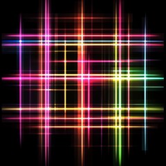 Wall Mural - Overlapping fluorescent lines forming a simple grid pattern, each line glowing in a different bright color, set against a black background, vector art.