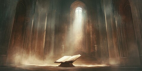 Wall Mural - A book lies open in a sunlit, ancient hall.