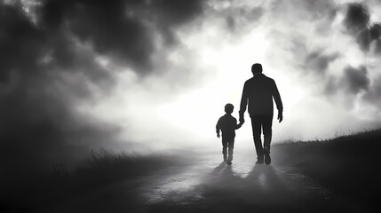 Wall Mural - Old man and young boy walking on the path, concept of life and death, black and white, generative ai