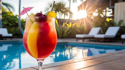 Close-up shot of glasses of delicious fruit cocktails on poolside