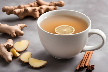 Wall Mural - A steaming mug of ginger tea with fresh ginger slices and a dash of ground cinnamon, AI Generated