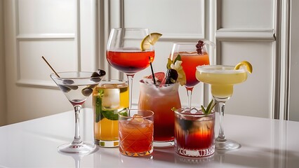 Close up view of various alcohol cocktails in glasses on white backdrop