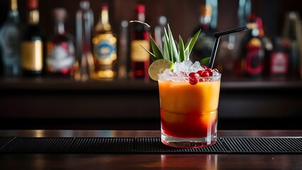 Alcoholic cocktail with mango, cranberries, lime, crushed ice and liquor, dark wooden bar counter background, selective focus