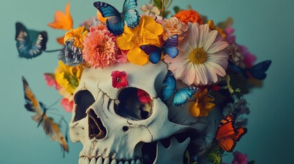 Poster - A Human Skull Adorned with Colorful Flowers and Butterflies