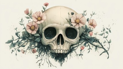 Sticker - Human Skull Adorned with Delicate Pink Flowers and Twigs