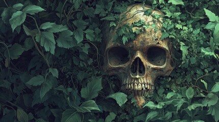 Canvas Print - Skull Half-Hidden in Lush Green Foliage