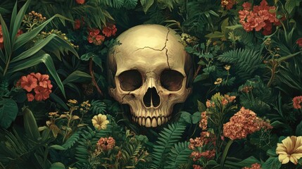 Canvas Print - Human Skull Amidst a Lush, Floral Jungle