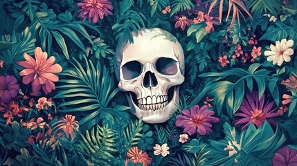 Canvas Print - A Human Skull Embedded in Lush Tropical Foliage