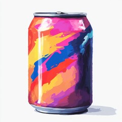 A retro pop art-inspired soda can with intense, vibrant colors and sharp highlights, set against a clean, white background, minimalist, digital painting.