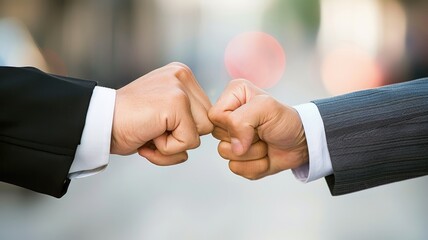 Close up of two businesspeople hand giving a fist bump. Macro shot of manager hand putting fist and making partnership. Business teamwork concept. Focus on hand. Collaboration, teamwork, unity. AIG53.