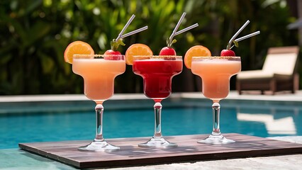 Close-up shot of glasses of delicious fruit cocktails on poolside