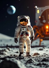 full-body portrait of an astronaut on the moon with earth in the background, suit detailed, and spac